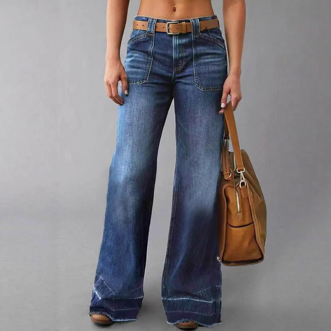 

Women's Slim Fit Washed Flared Jeans Vintage Patchwork Denim Long Pants