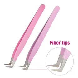 Pinzas para pestañas de 1 piezas, pinzas superduras de acero inoxidable con puntas de fibra, antiestáticas de alta precisión, color rosa