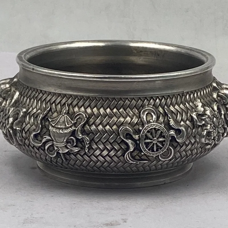 Antique Collection Bronzeware Silver-Plated Relief Auspicious Eight Treasures Lion Ear Incense Burner Craft Offering Buddha Orna