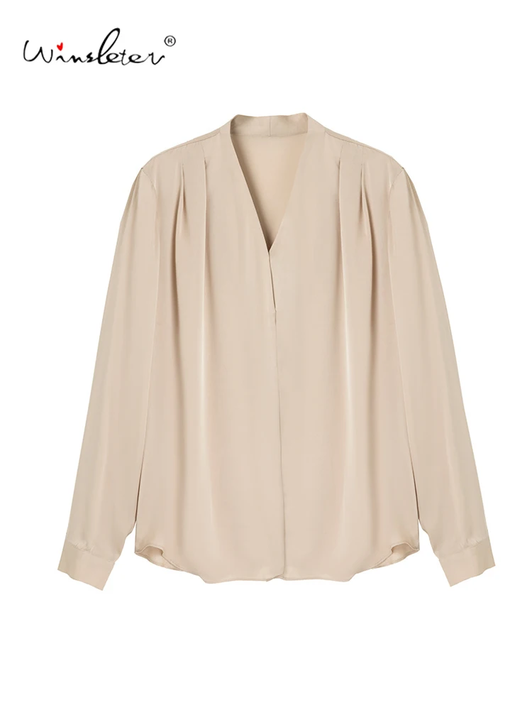 

Winsleter-19MM 92.3%Silk 7.7%Spandex Elegant Shirt, V Neck Solid, Women French Temperament Commute Blouse, 2025 Autumn T59431CC