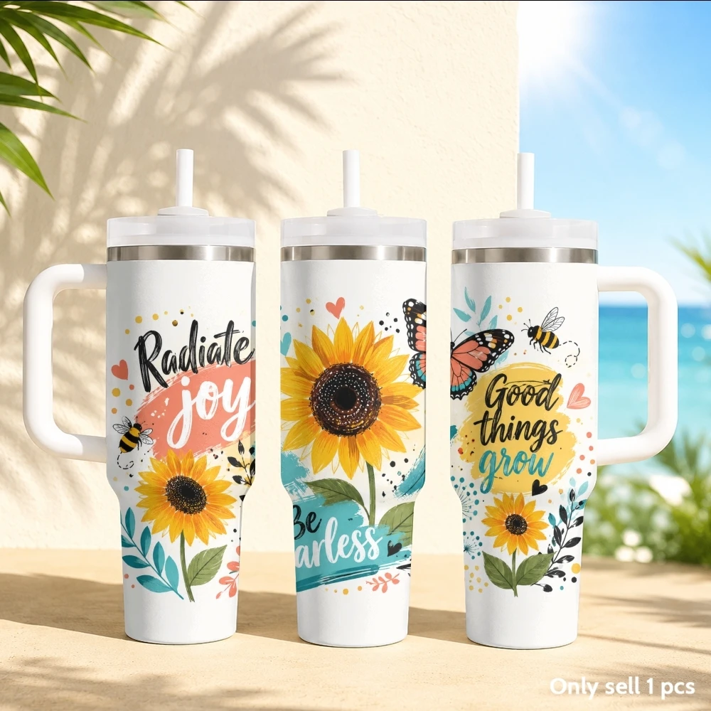 Artistic Flower Field Design Vacuum Flasks 40oz Stainless Steel Insulated Tumbler with Handle & Straw Leakproof Travel Mug
