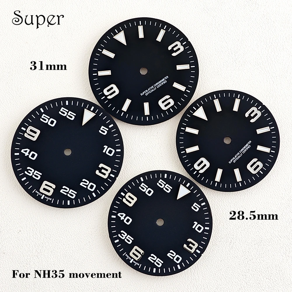 NH35 28.5mm 31mm Explorer Style Watch Dial No Logo Blue Luminous Fit NH35 NH36 Automatic Movement Custom Logo Watch Dial
