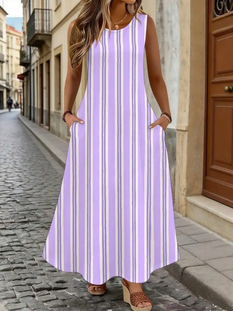 

Lavender And White Vertical Striped Sleeveless Maxi Dress For Women Summer Casual Elegant Streetwear