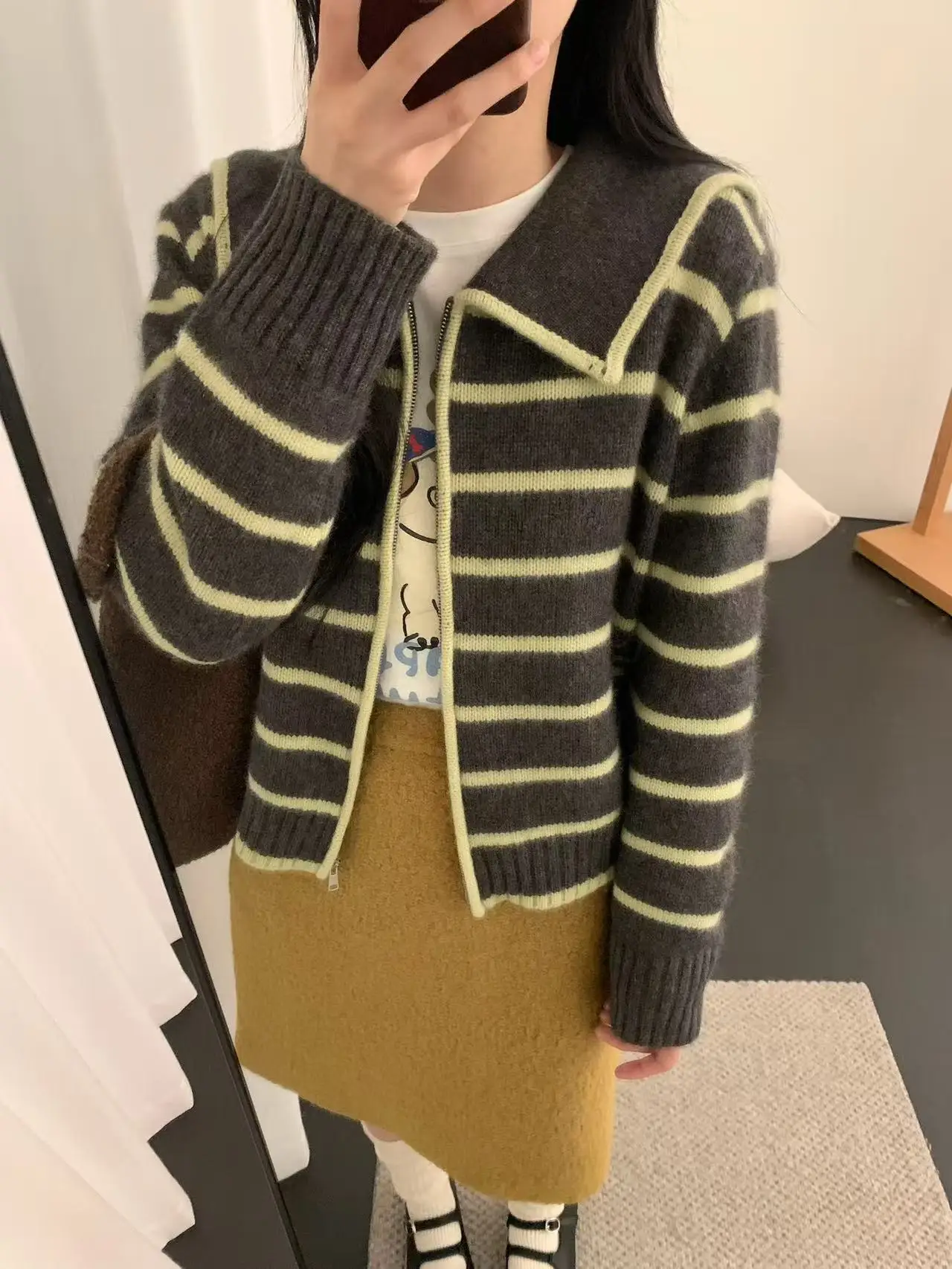 

Simple Korean Sle Bear Fur Navy Collar Zipper Stripe Knitted Sweater Autumn Winter Women's Loose Fit Long Sve Cardigan