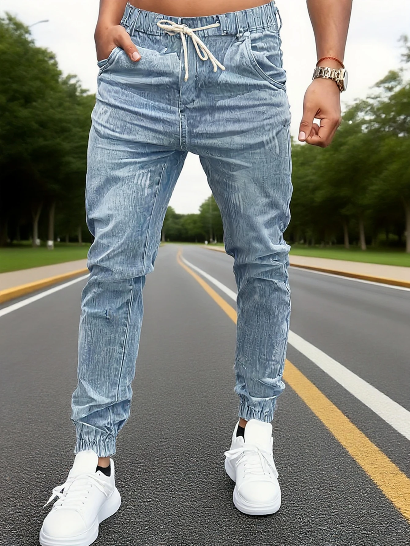 

Мужские светло-голубые джинсы приталенного кроя, винтажные потертые, по индивидуальному заказу и стильные, легко создают повседневный модный образ.