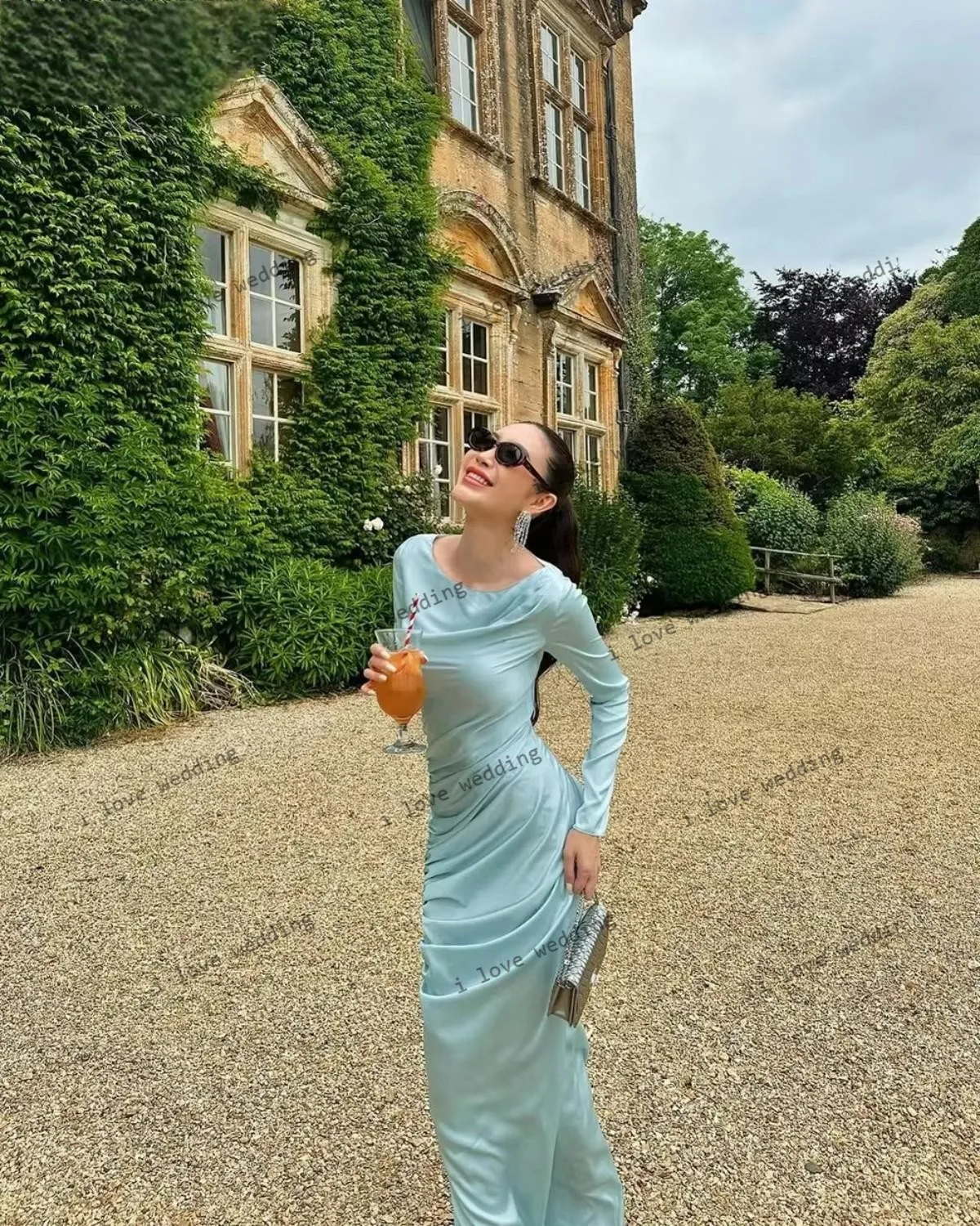 Vestidos de noite 2025 céu azul vestido de festa de casamento para mulher alta pescoço cetim manga longa ruched até o chão elegante personalizado