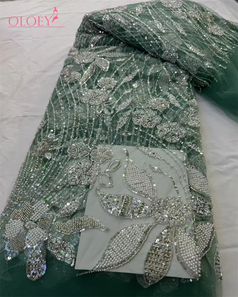 OLOEY High Quality Handmade African Lace Fabric with Beads And Sequins for Wedding Dresses And Parties Latest Fashion Trend