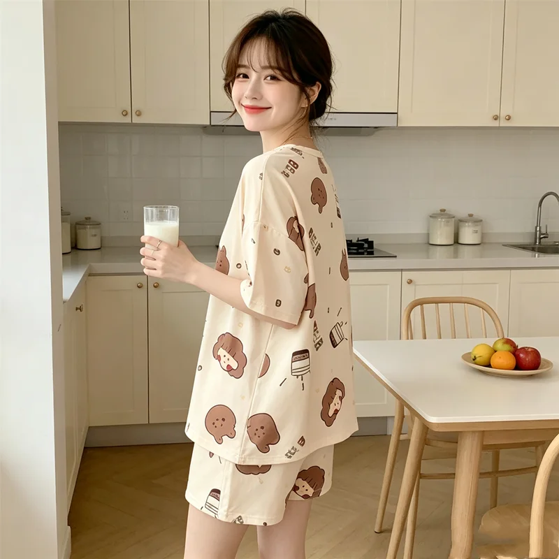 Pajamas Women Short Sleeve Shorts Cute Cartoon Bear Suit Round Neck Pullover Loungewear Sleepwear Home-based Casual Wear