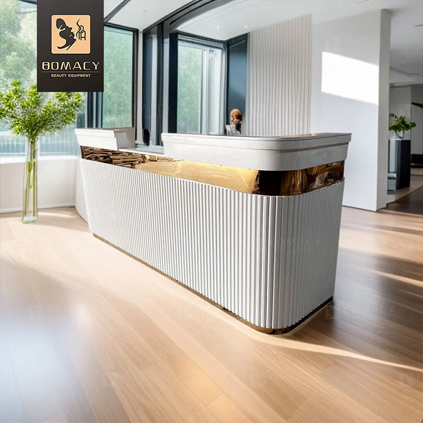 

Стойка ресепшн на заказ - каркас из МДФ с мраморной столешницей, ящиками и индивидуальным цветом, коммерческая мебель для ресепшн