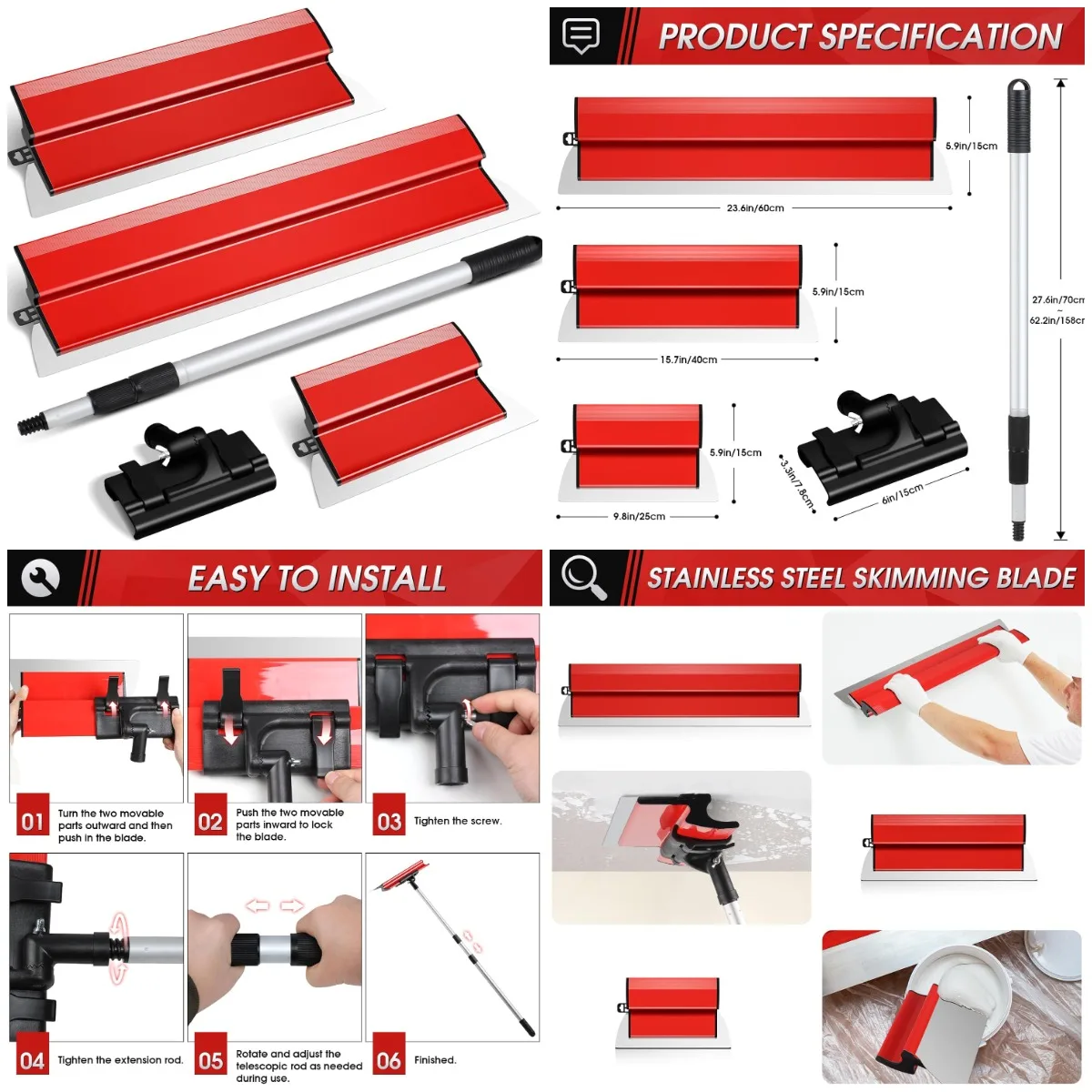 

Набор лезвий для скимминга: 10, 16, 24 дюйма с ручкой 28–62 дюйма для отделки гипсокартона