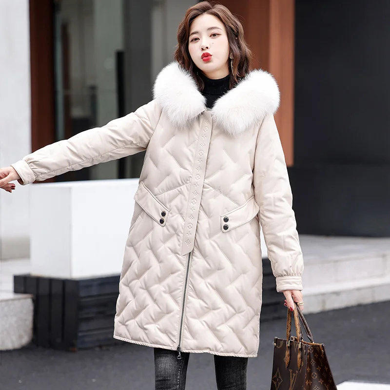 Women Leather Down New Coat Autumn Winter 2023 Fashion Hooded Fox Fur Collar Embossing Loose Thick Warm Sheepskin Down Jacket