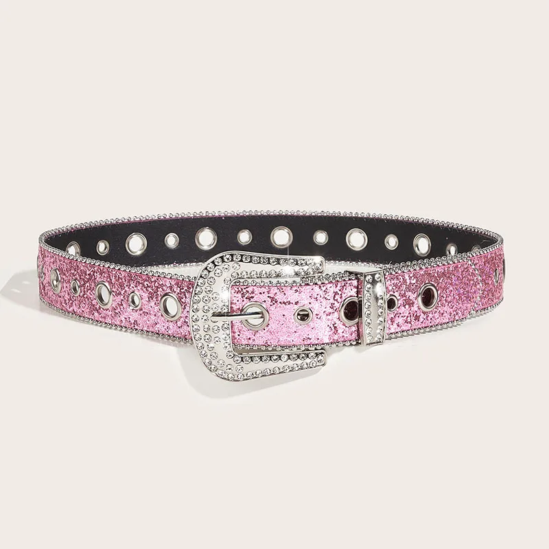 Fashion Sequin Pink Rhinestone Belt for Women Y2K Luxury Designer Pin Buckle Waist Strap Female Jeans Trouser Decor Waistband