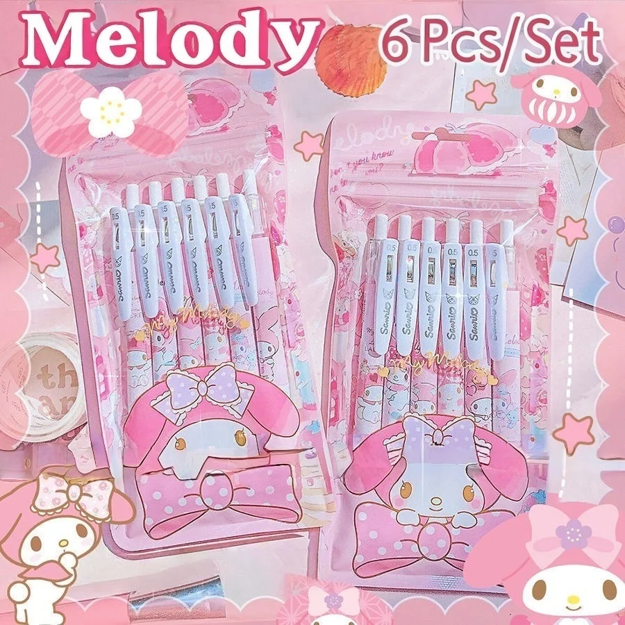

6 шт./компл. Sanrio Melody Limited, высококачественная гелевая ручка с героями мультфильмов, черная быстросохнущая ручка 0,5 мм, обучающие канцелярские товары, офисные принадлежности