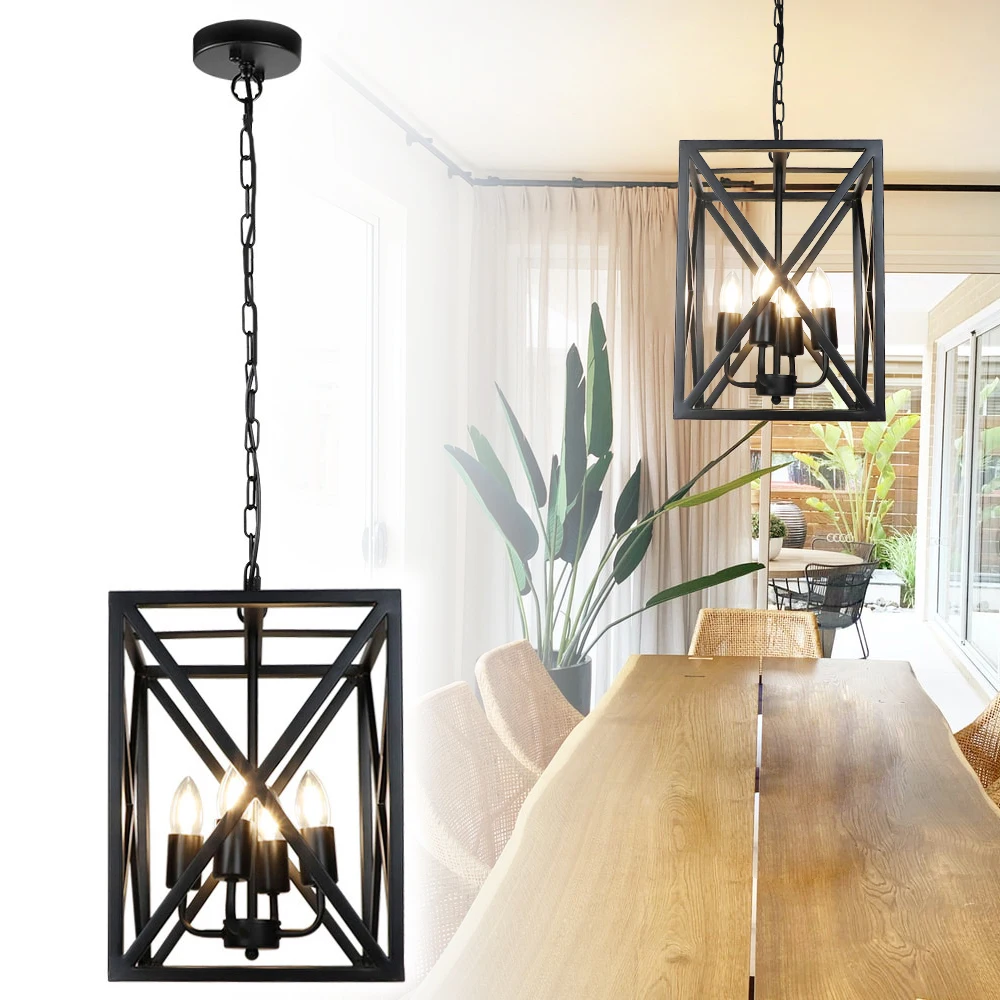 Depuley Modern Pendant Light Adjustable Farmhouse Vintage Ceiling Light Industrial Metal Cage Chandelier for Kitchen E26 Black