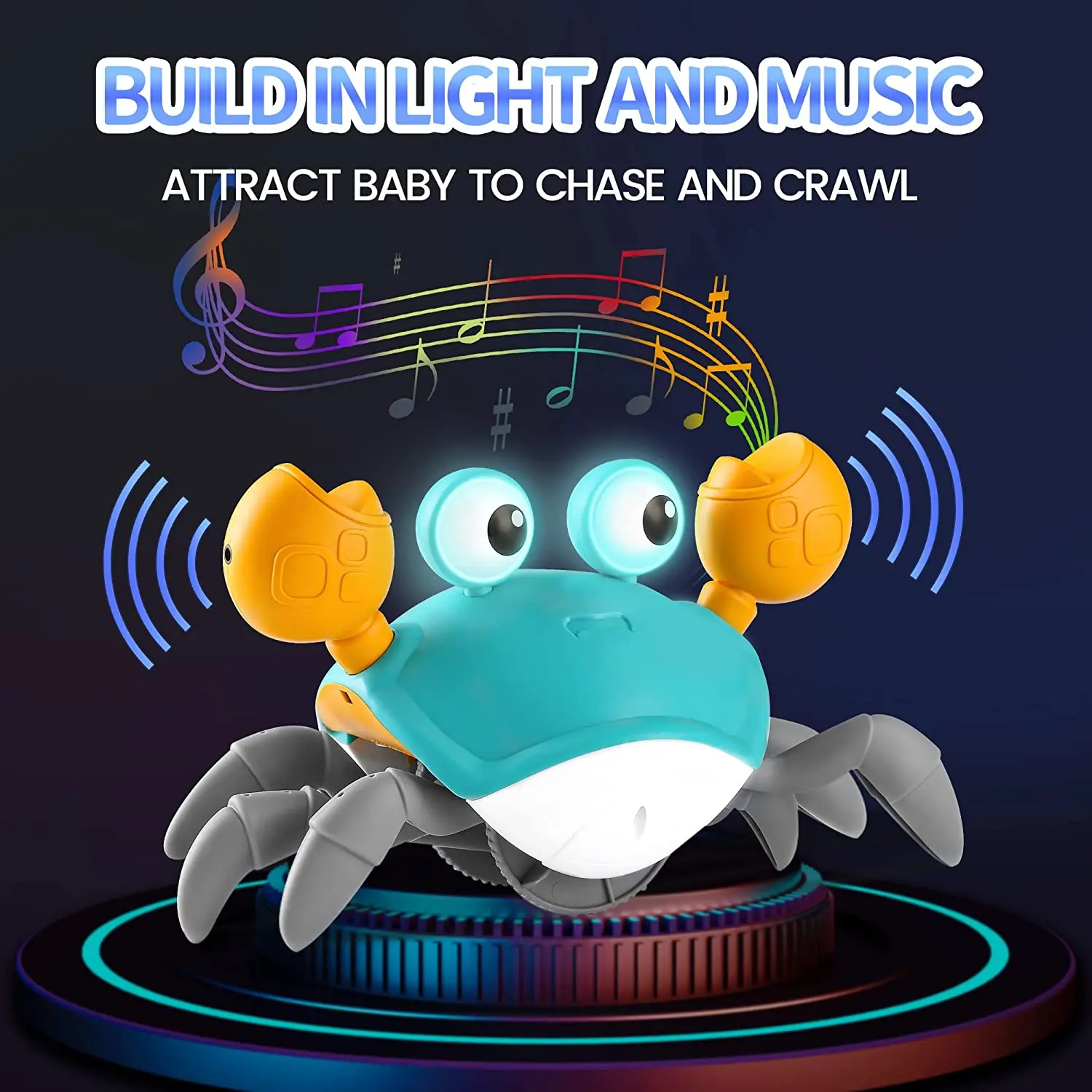 Musical Crawling Crab Baby Toy, Rechargeable Walking Crab Toy with LED Light, Automatically Avoid Obstacle, Fun Interactive Toys