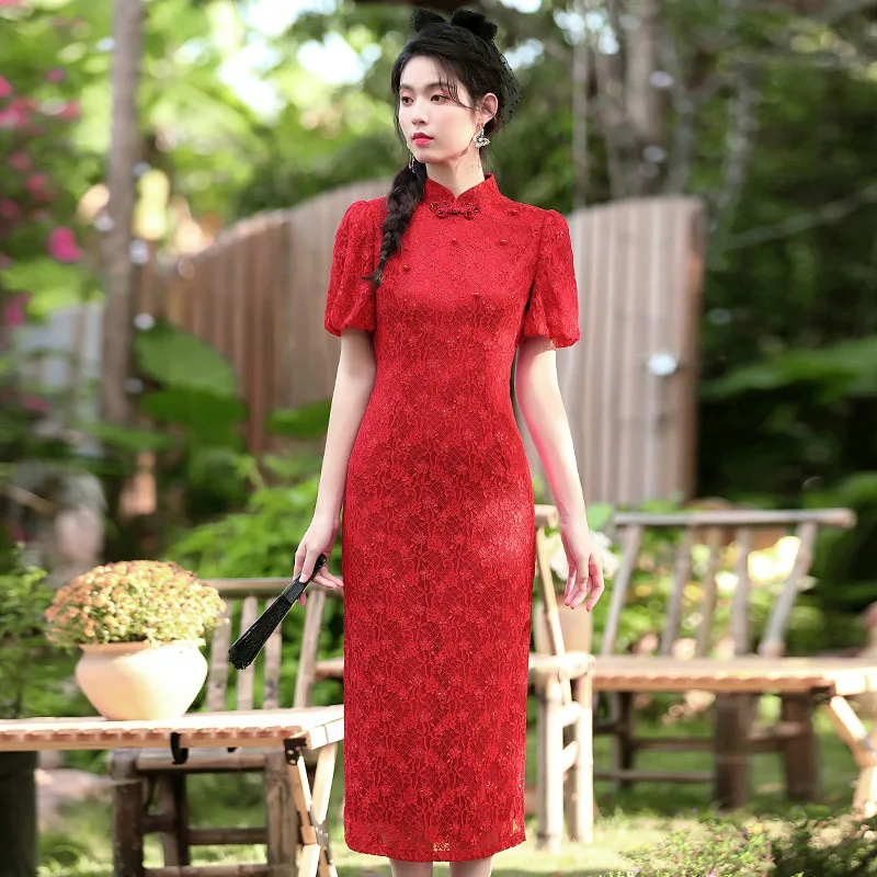 

Chinese Style Cheongsam Dipao Dress Women 2023 Spring Summer Fine Lace Party Dress Dark Red Stand Collar Lantern Sleeves Elegant