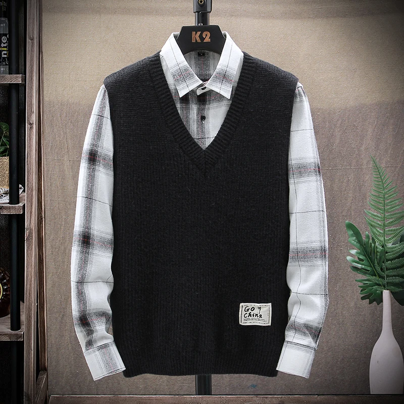 Мужской вязаный жилет с V-образным вырезом |   Вязаная текстура |   Пластырь Go China |   Многоцветный |   Эстетика в стиле преппи |   Одежда для офиса и отдыха