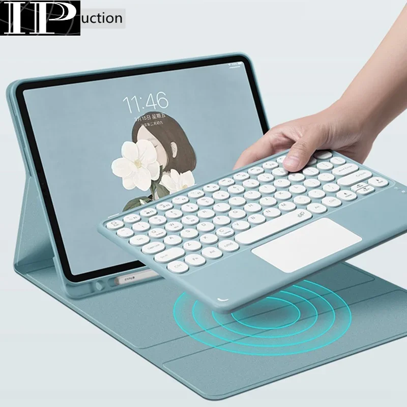 Rechargeable Touch Control Bluetooth Magnetic Attraction Round Keycap Keyboard Case Cover Mouse Set Combos For ipad Mini Pro