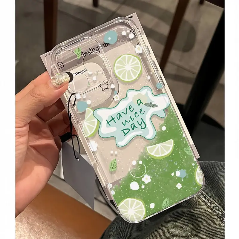 New Ins Lemon Soda Refreshing Phone Case iPhone 15 14 13 12 11 Pro Max XR X XS 14 15 7 8 Plus Y2K Anti Fall Clear Cover