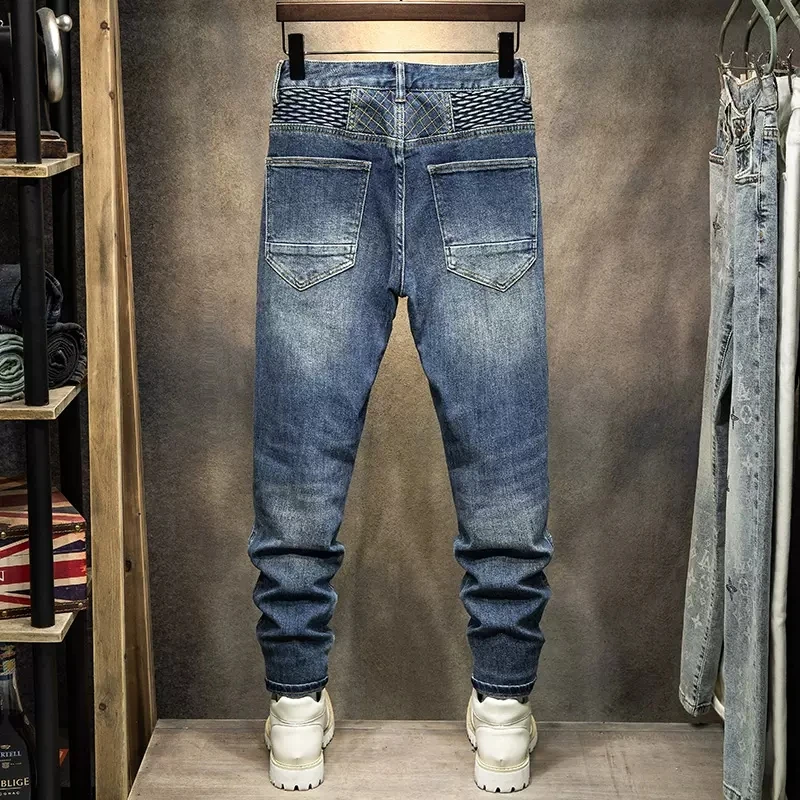 High Street Fashion Men Jeans Retro Blue Spliced Designer Elastic Skinny Biker Jeans Men Patched Hip Hop Denim Pencil Pants Men
