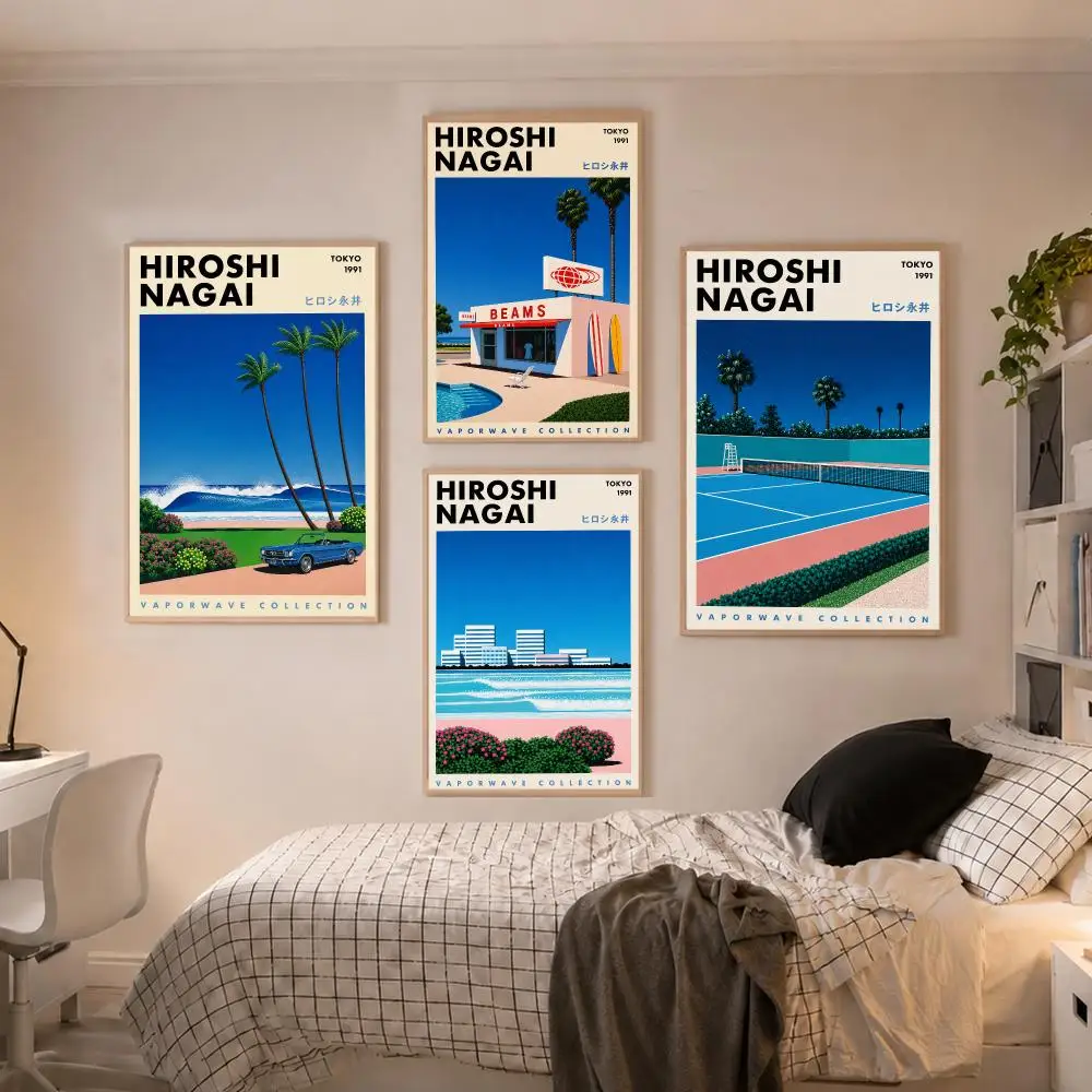 Vintage Japanese Hiroshi Nagai Illustrations Vaporwave Beach Poster Modern Aesthetic Wall Art Poster Home Bar Cafe Decor Gift
