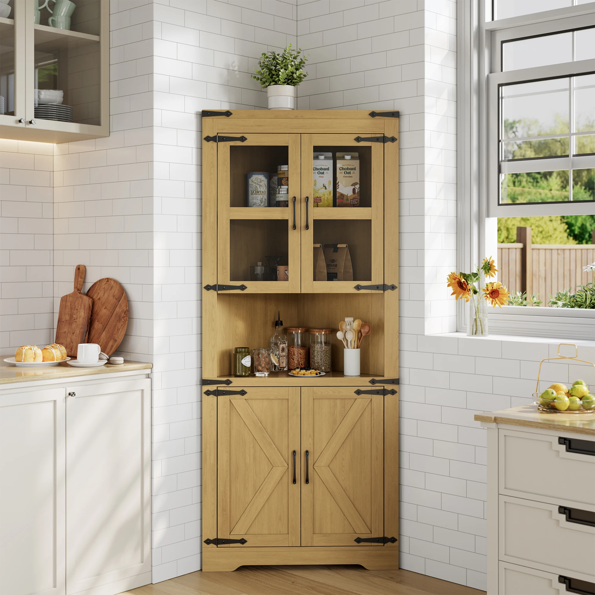 Garvee Tall Farmhouse Corner Cabinet with Glass Door – Adjustable Shelves & Ample Storage – Kitchen, Living Room, Bathroom – White Floral Design