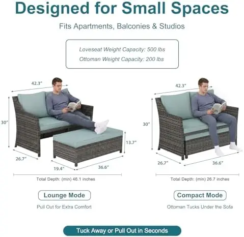 2-Piece Outdoor Patio Furniture Wicker Love-seat and Coffee Table Set, with Built-in Storage Bin, Grey Rattan, Green