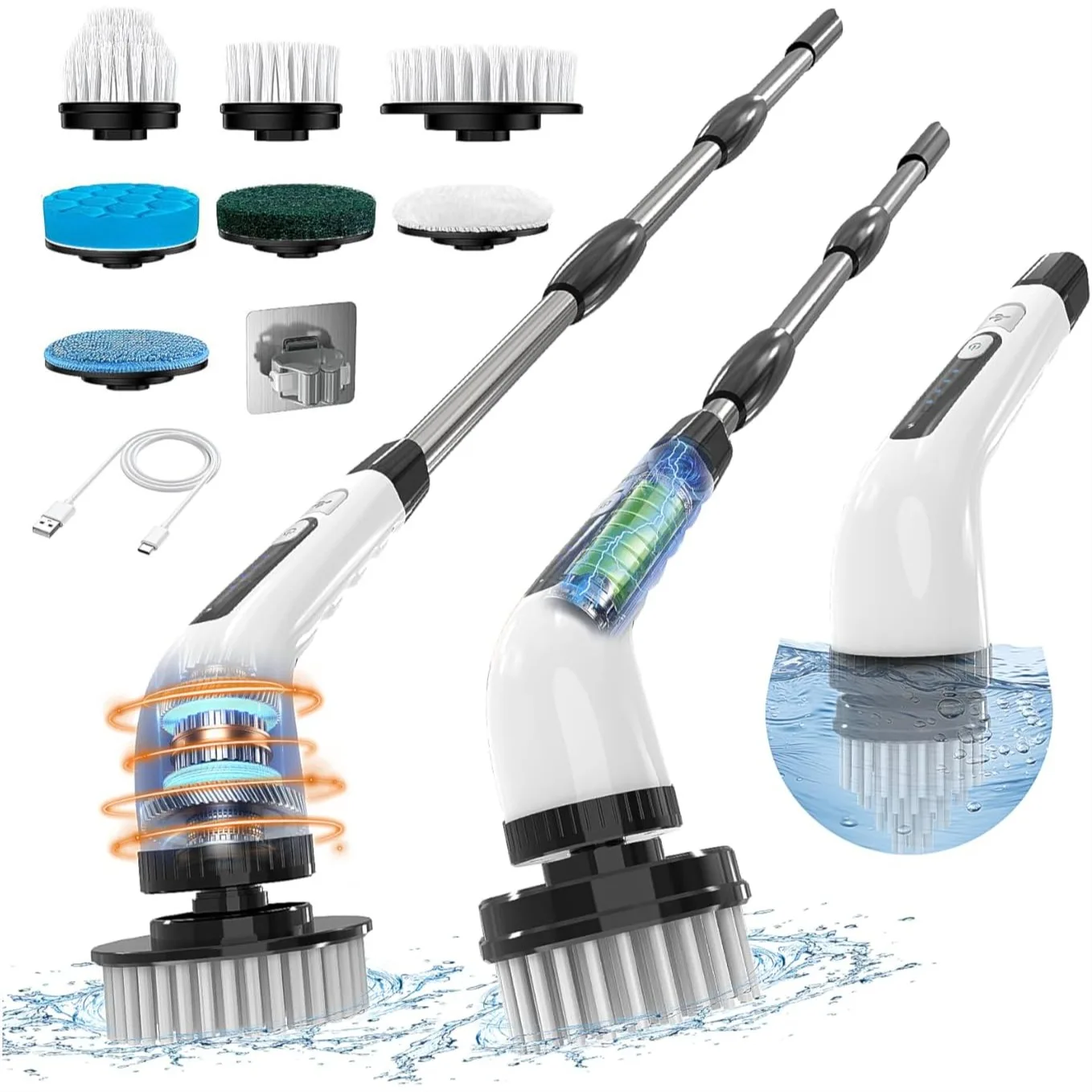 

Electric Spin Scrubber, Cordless Cleaning Brush with 7 Replaceable Heads, 2 Speeds and Adjustable Handle for Bathroom Shower Tub
