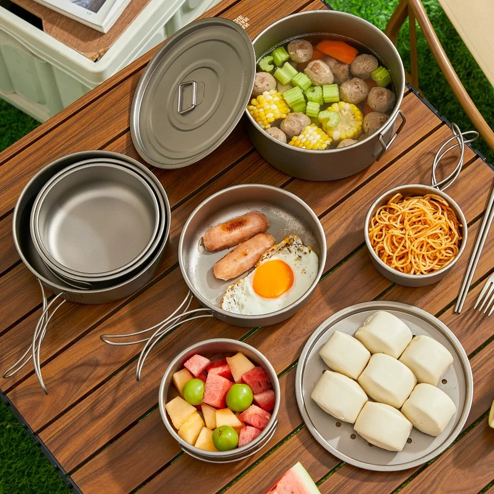 

Sandblasted Pure Titanium Frying Pan & Soup Pot Set Foldable Ultra Light Nesting Cookware Space Saving for Camping Picnic
