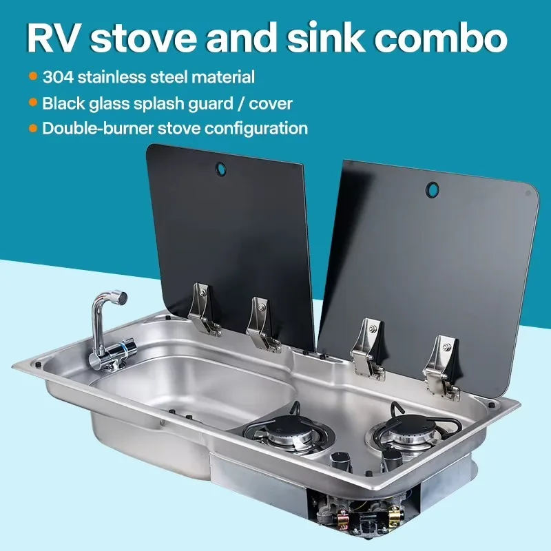 RV Integrated Kitchen Sink & 2-Burner Stove Combo, 304 Stainless Steel with Foldable Faucet & Glass Cover for Wholesale/Bulk