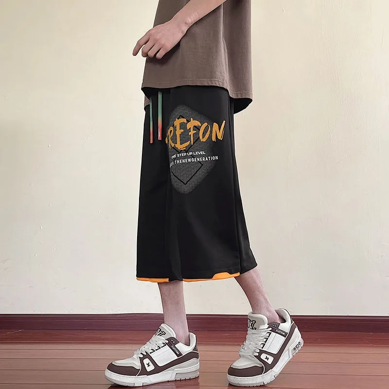 

Summer New Casual Shorts Men Loose Straight Leg Letter Printed Color Collision Pants Thin Outside Students Sports Trousers Male