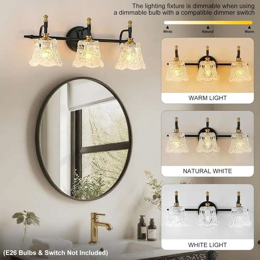 3 شمعدان حائط ذهبي مصقول مع غطاء زهرة زجاجي أبيض لإضاءة الحمام باللونين الأسود والذهبي #5