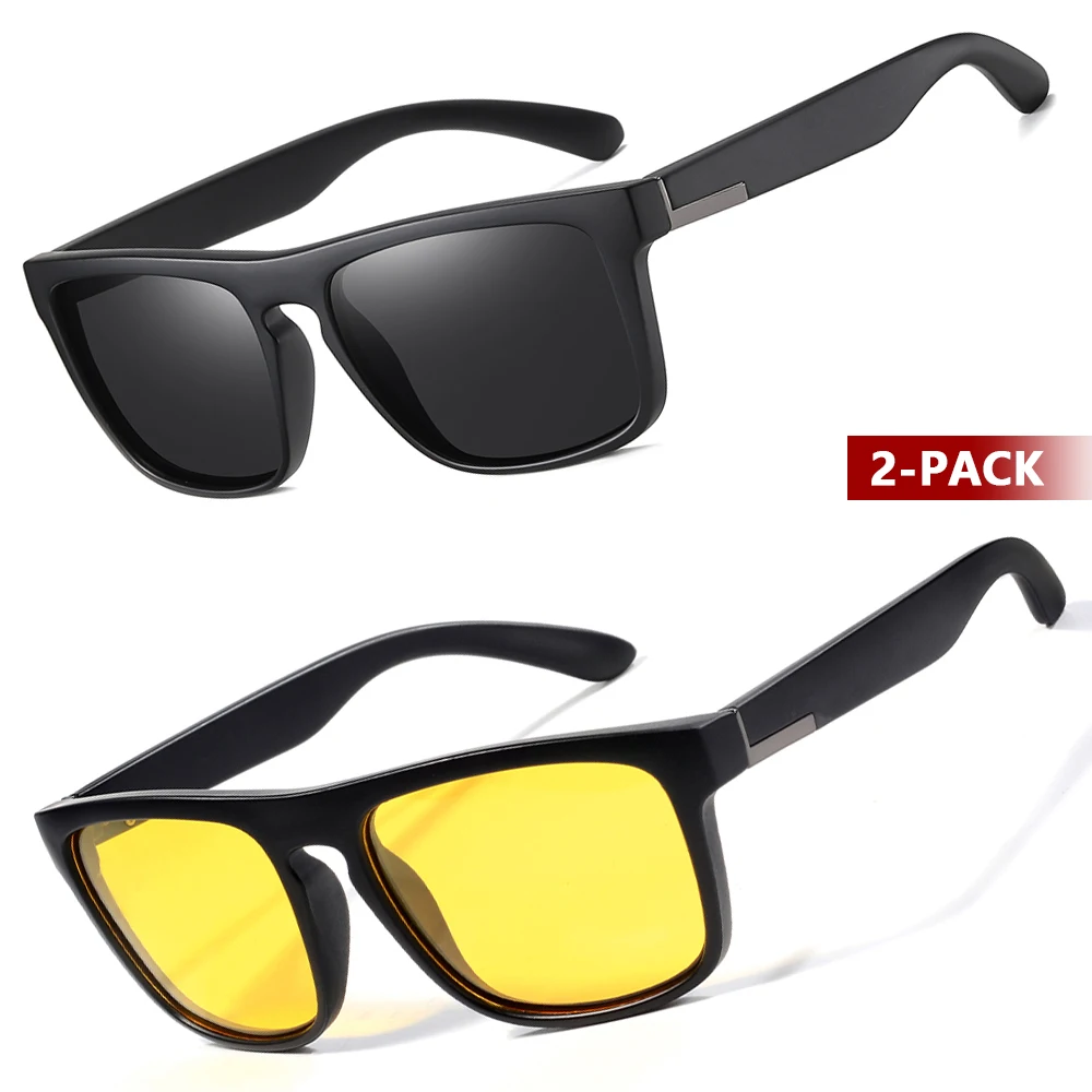 CRIXALIS 2 Stück quadratische polarisierte modische Sonnenbrille für Herren, schwarz und Nachtsicht-Sonnenbrille zum Angeln, Fahren, Outdoor-Sonnenbrille, UV400