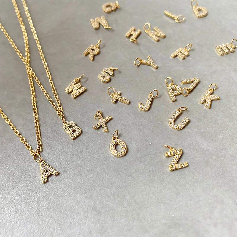 Waterproof Stainless Steel Cubic Zirconia Stone Paved Initial 26 English Letter A-Z Charms Collar Chain Necklace DIY Jewelry