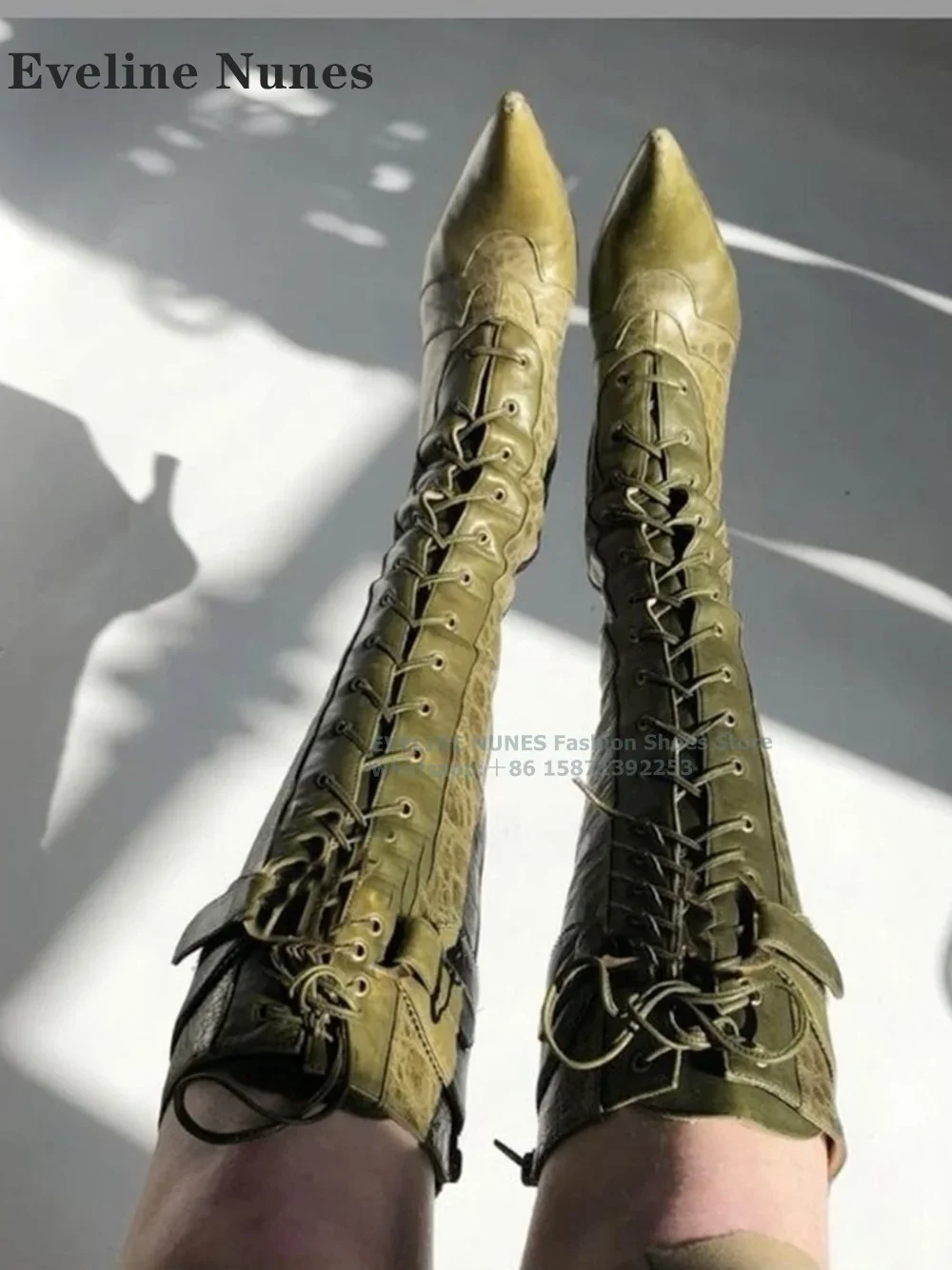 Leopard Cross Tied Patchwork Knee-High Boots Pointed Thin Heels Zipper Closure Sexy Runway Show Modern Booties Spicy Girl Newest