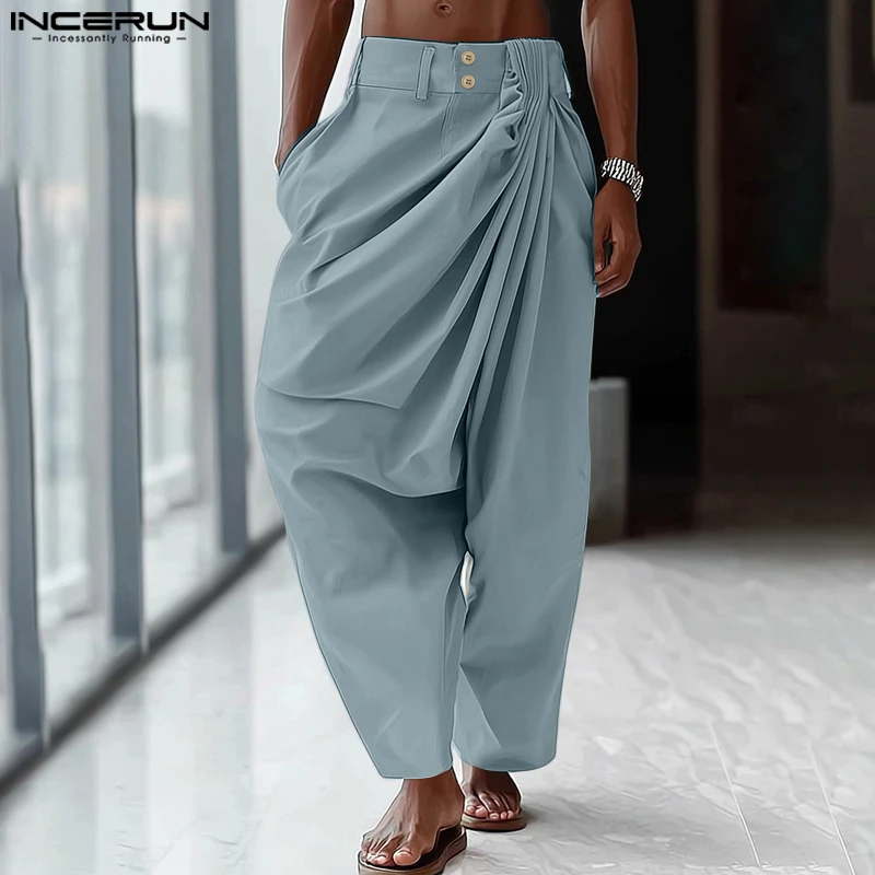 INCERUN 2024 American Style Trousers Stylish Men Pleated Solid All-match Simple Long Pants Casual Clubwear Male Pantalons S-5XL