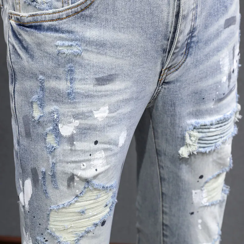 Y2K fashionable new men's jeans, painted, washed, nostalgic, stretchy, slim fit, light blue jeans, high street hip-hop br