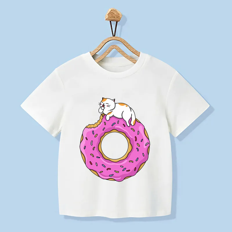 Kaus lengan pendek motif kucing untuk anak laki-laki perempuan, T-shirt lengan pendek motif kartun Pizza Burger, baju keluarga anak laki-laki dan perempuan