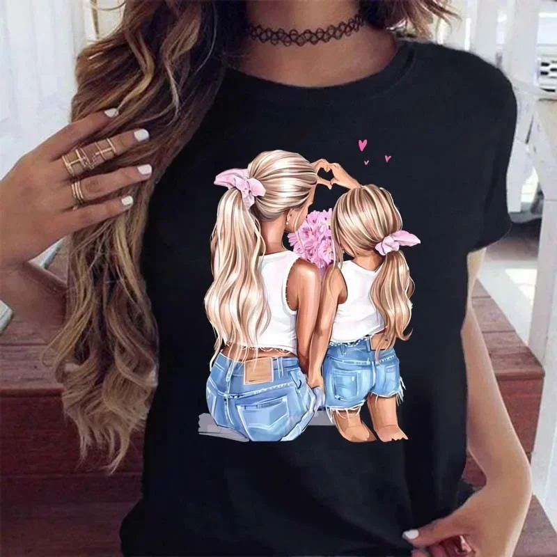 New Family Parent-child Dress Mother-daughter Mother-child Cartoon Print Female Crew Neck Loose T-shirt Y2k Top Tee