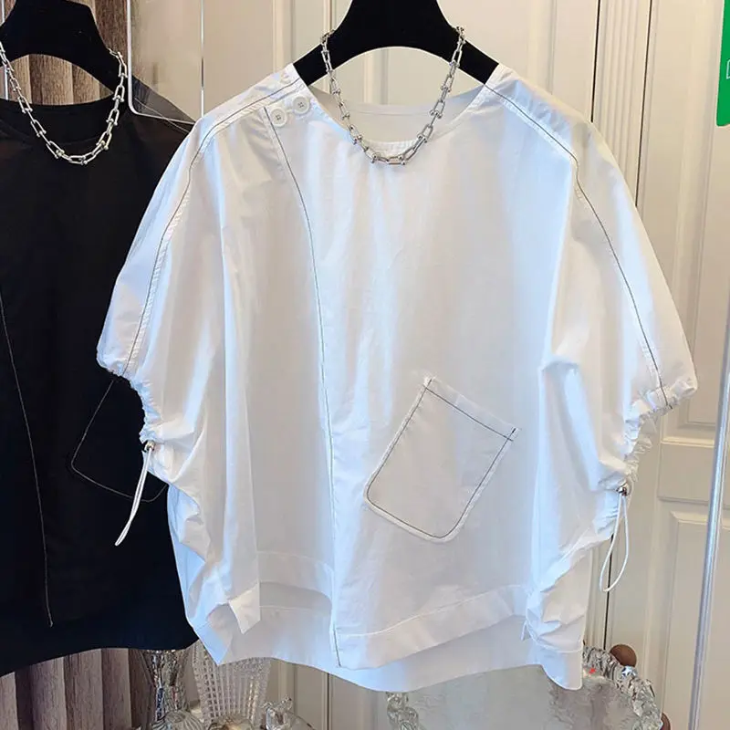 Plus Size Drawstring Loose Shirt Tops Summer New Solid Irregular All-match Youth Vintage Blouse Fashion Casual Women Clothing