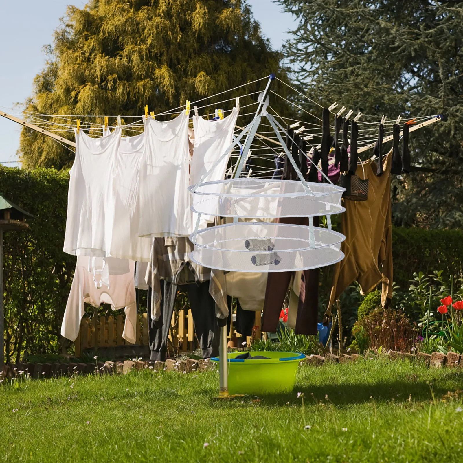 

Portable Drying Rack Double Layer Clothes Laundry Hanger Net Mesh Basket Sturdy Lightweight Design Random Color