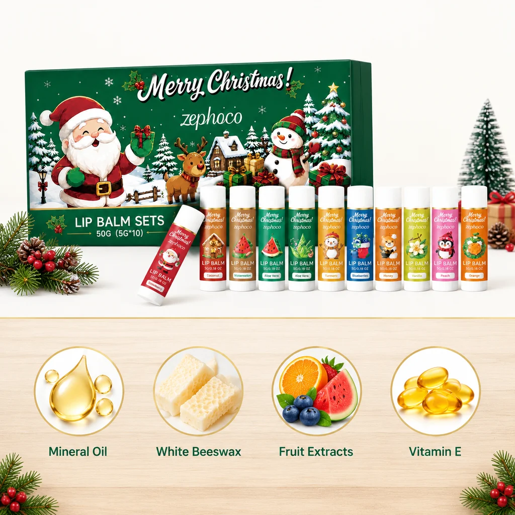 Christmas Lip Care Set 10 Stick Holiday Gift Set Fruity Moisturizing Balm Dry Lips Relief Winter Lip Care Natural Fruit Extracts