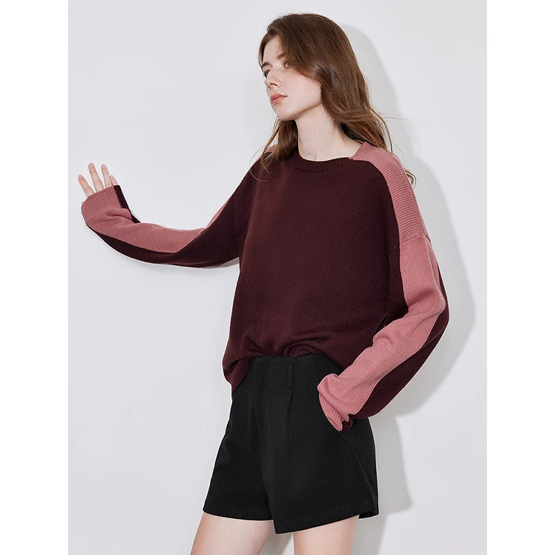 TOYOUTH Women Pullover Sweater 2024 Autumn and Winter New Contrasting Color Retro Plum Red Round Neck Woolen Knitted Tops