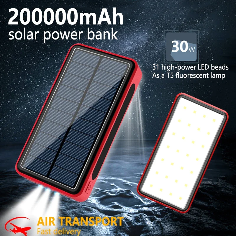 

Solar power bank 200000mAh large capacity fast charging polymer mobile power bank metal shell multifunctional camping lighting