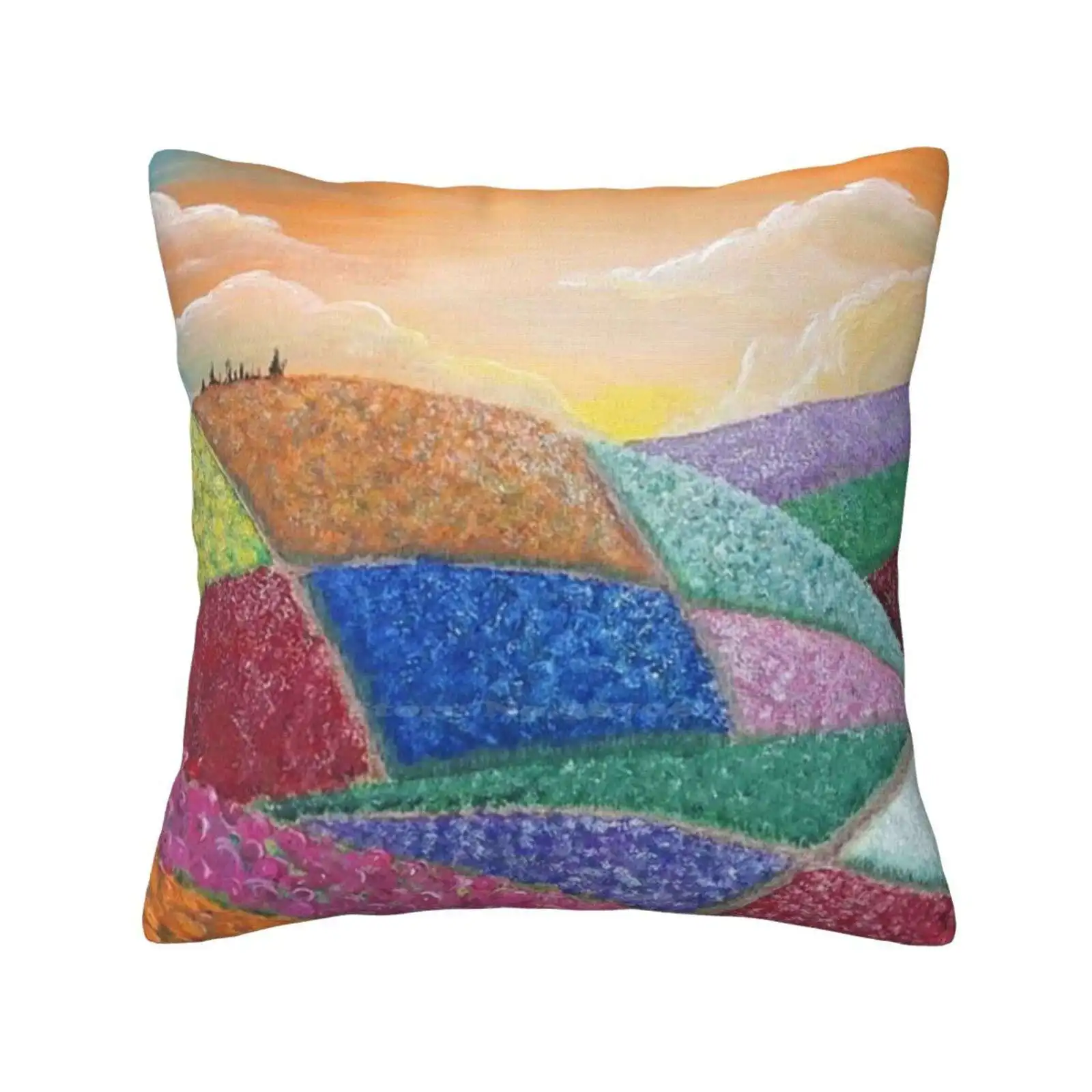 Tour Through The Tulips Pillow Cover Hug Pillowcase Sunset Tulips Flowers Fields Tourist Patchwork Clouds Sky Peaceful Sleepy