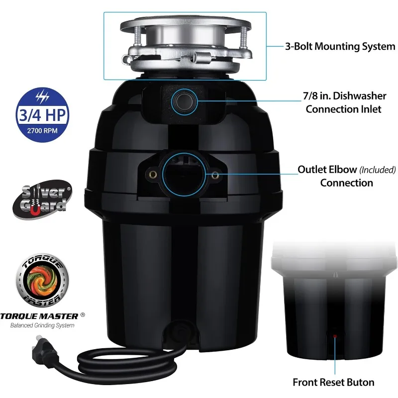 Eco Logic 10-US-EL-9-3B 3/4 Horsepower Garbage Disposal with Removeable Splash Guard, Attached Power Cord and Standard 3-Bolt