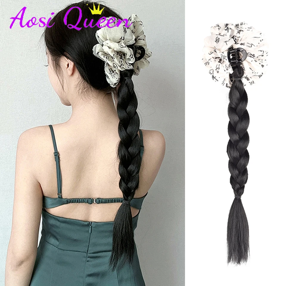 

AOSI Synthetic New Chinese Style Braid Ponytail Ink Dye Bowknot Claw Clip Boxing Braid Wig