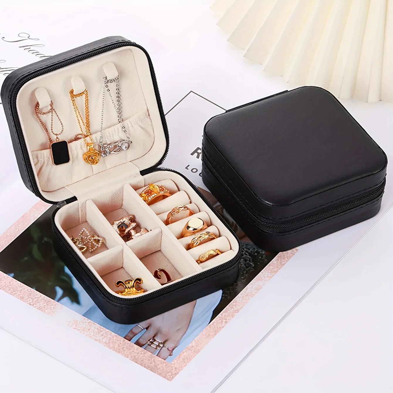 Portable Mini Jewelry Box Leather Travel Organizer Zipper Square Storage Case Ring Necklace Earring Hairpin Display Storage Case