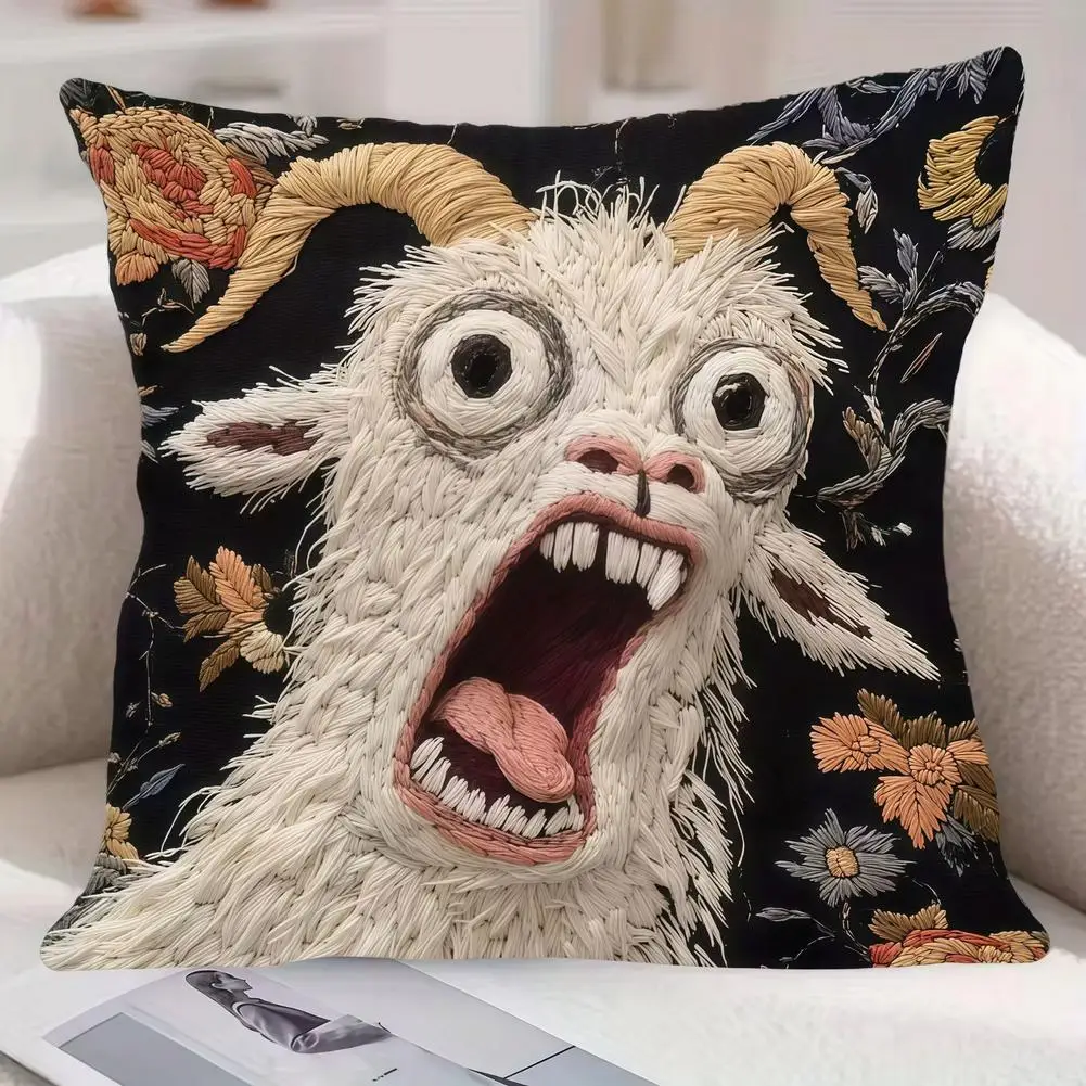 2pcs Funny Screaming Goat Pillow Case Natural Linen Organic Fabric Vintage Floral Print Cushion Case Breathable Home Sofa Decor