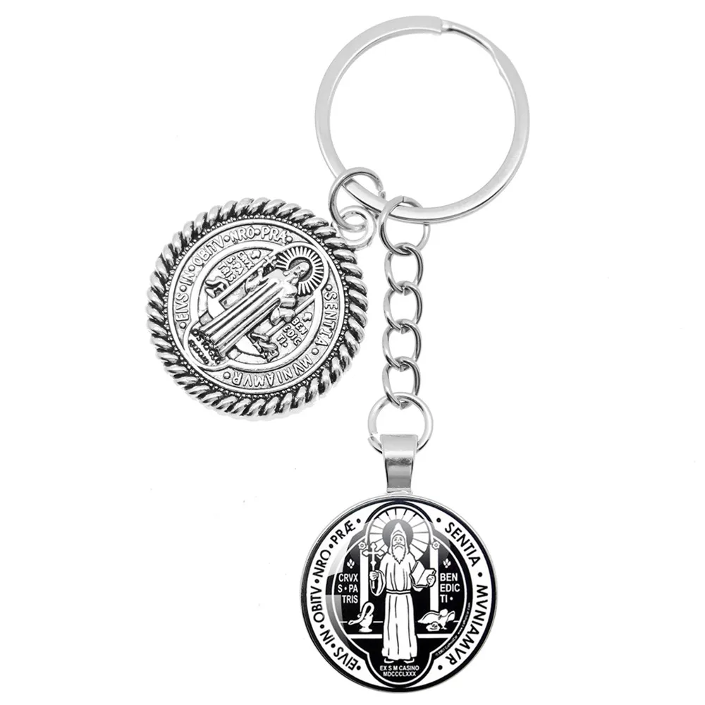 Saint Benedict Medallion Keychain I LOVE JESUS Alloy Crafts Charms Domed Glass Catholic San Benito Keychain Religious Jewelry